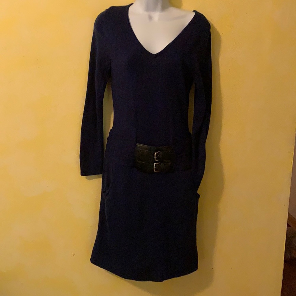 New York and company navy blue mini sweater dress with attached belt